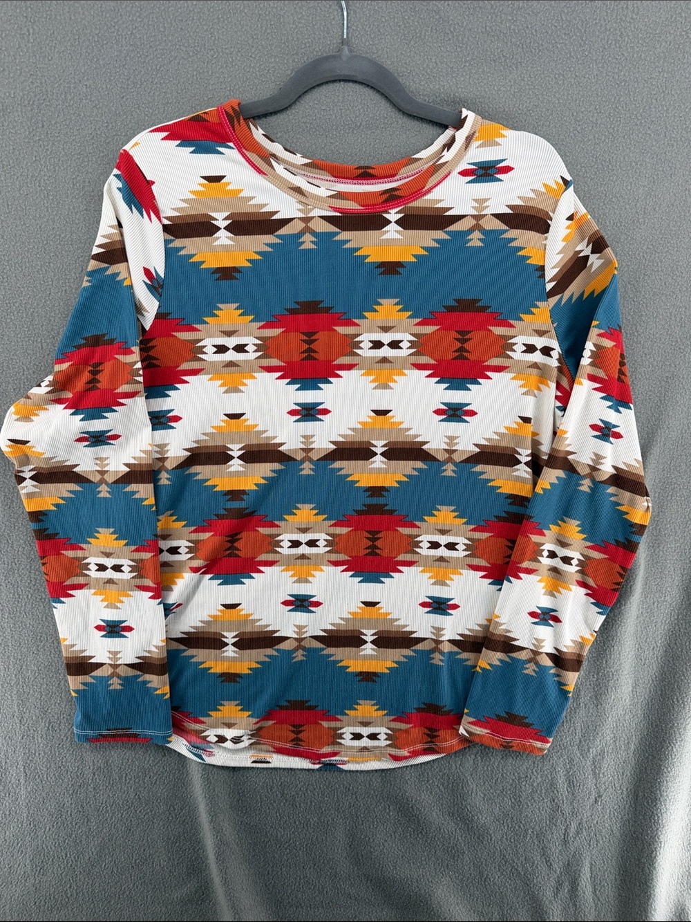 No Boundaries Southwest Aztec Print Top - Teal, Orange, Red, Brown A6